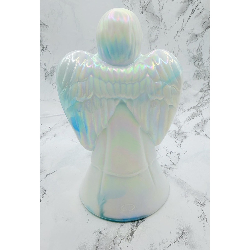 Signed Bill Fenton Celeste Blue Milk Glass Iridescent Angel C18612 6 Inch - Picture 2 of 4